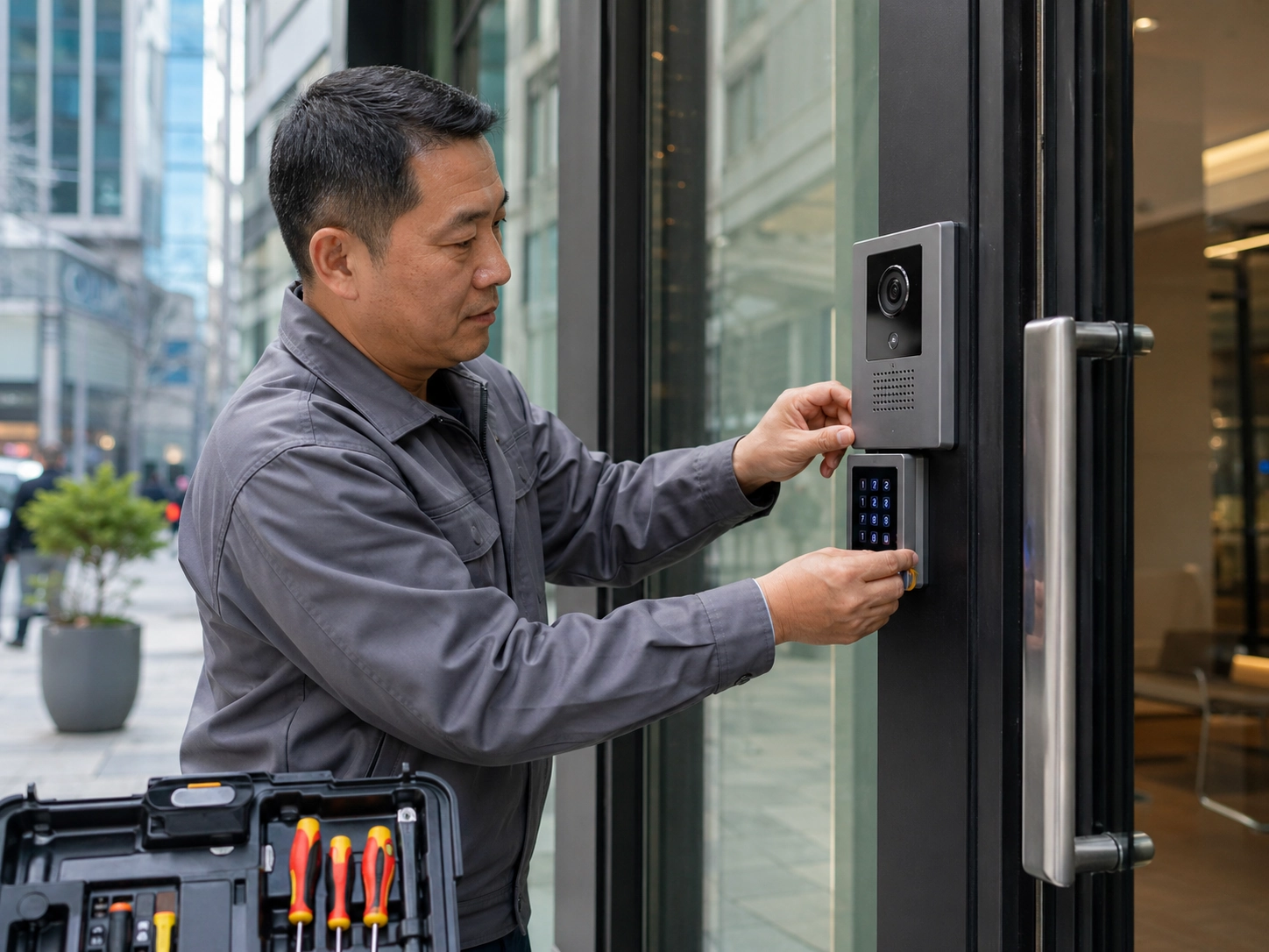 Man installs a digital lock on a commercial building in NYC