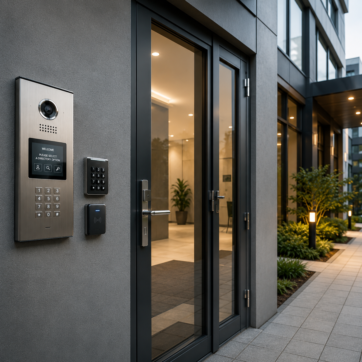 Intercom & Access Control Unit next to a glass door outside of a high end apartment building in NYC