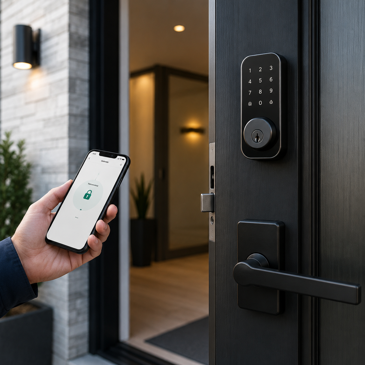A person holds up a phone to a Smart Lock Outside NYC Apartment Building