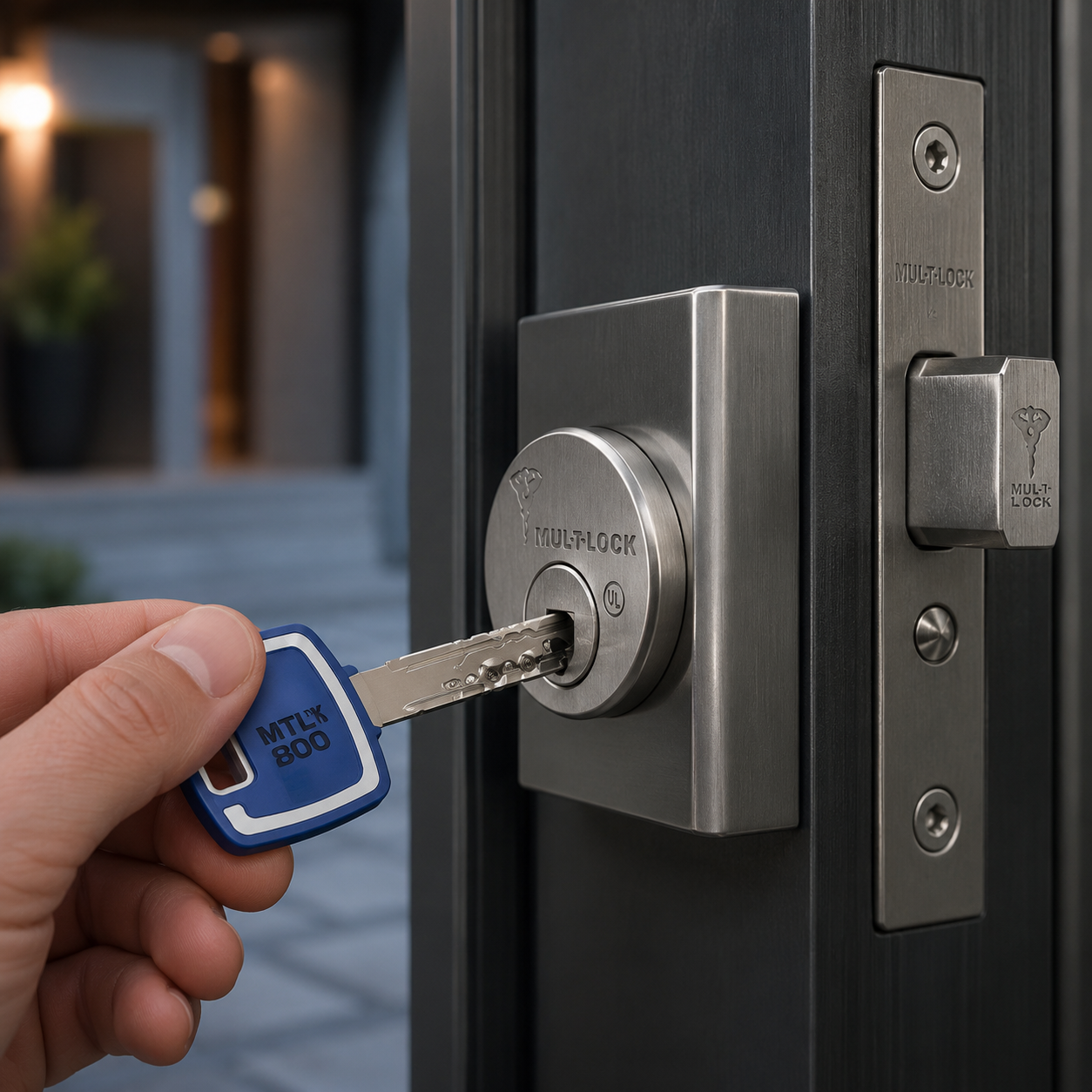 Image of a Key going into a High Security Mul-T-Lock that has been installed into a building in New York City, NY
