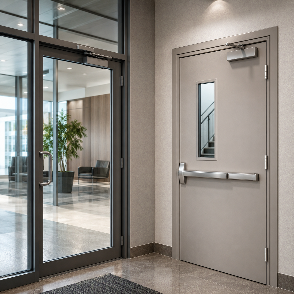 Image of Glass & Fire Proof Doors inside of a building that is located in New York City