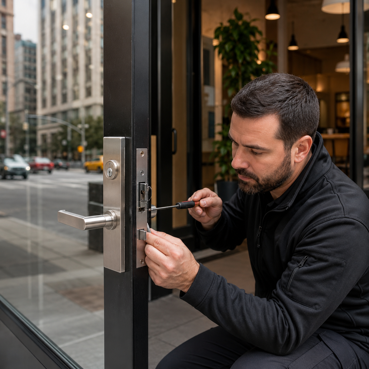 A man works on installing a lock to a door for a business in Manhattan, New York