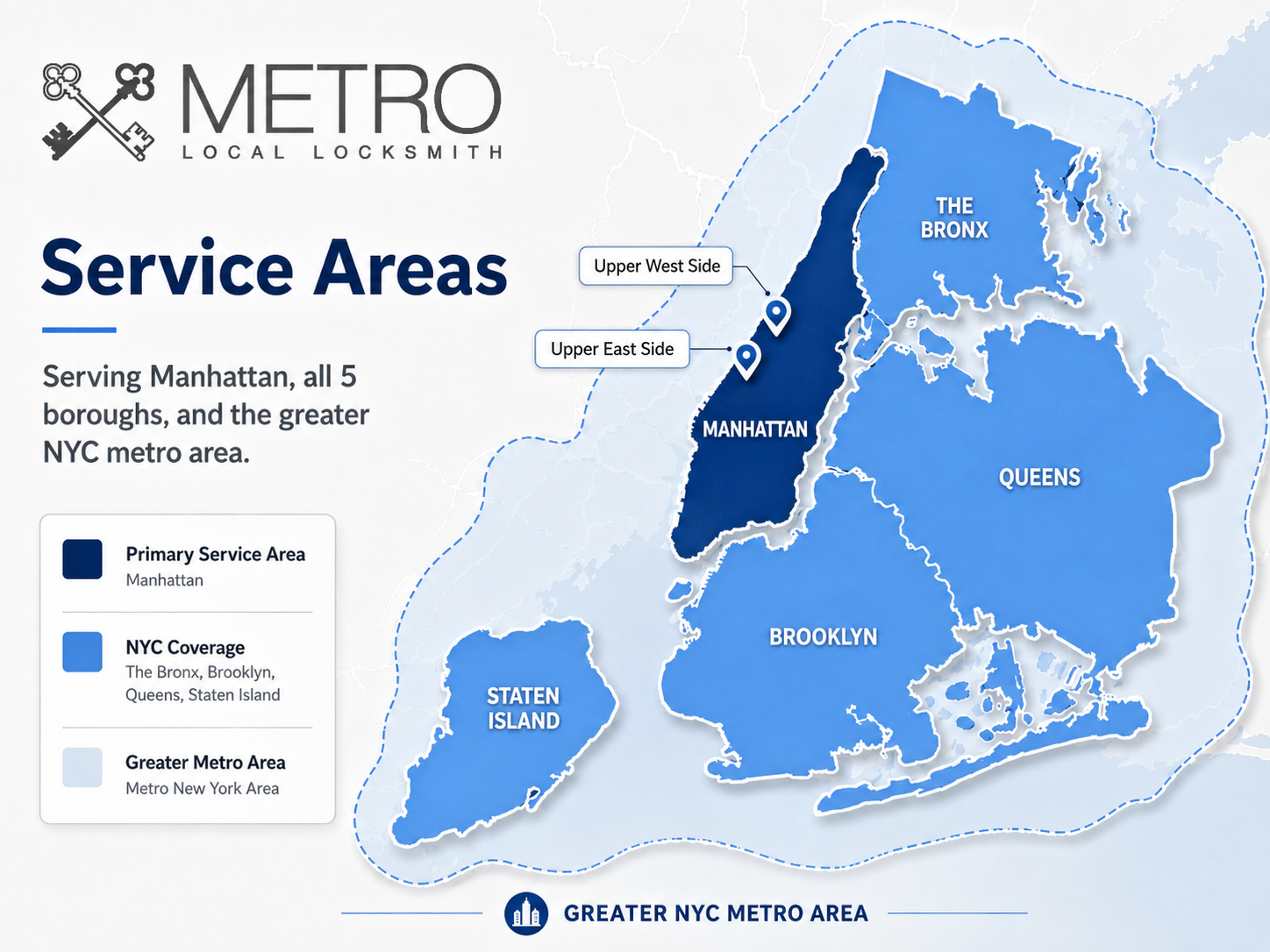 A map showing the service areas of Metro Local Locksmith - Manhattan, all 5 boroughs, and the surrounding greater New York City Area