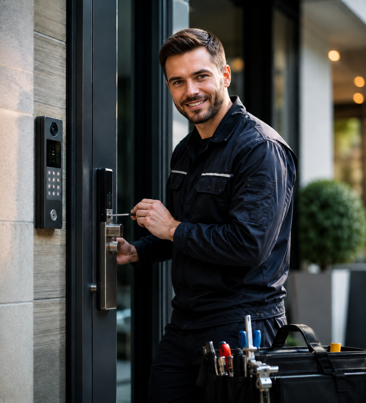 Contact Image Locksmith looks at the camera smiling while he is Working on a Lock at Apartment building in NYC