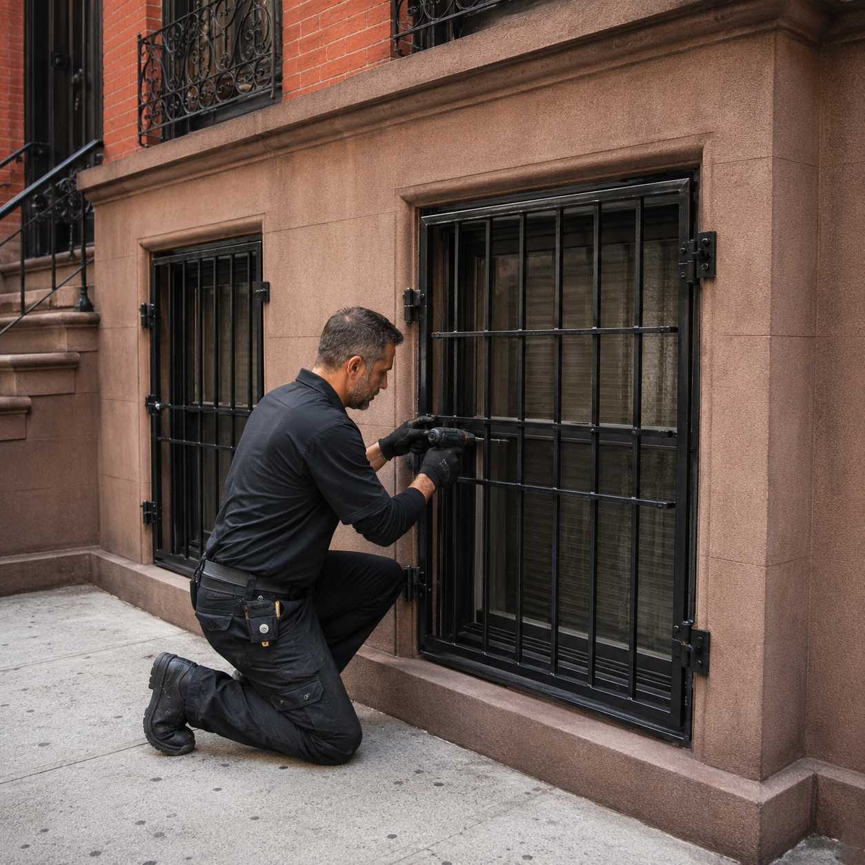 Fire Escape Window Gates A Metro Local Locksmith technician works on a fire escape window gate covering a window on a building in NYC
