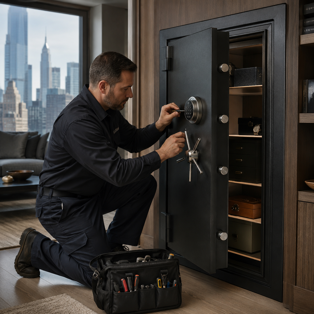 Safe Locksmith NYC A locksmith in NYC working on a safe