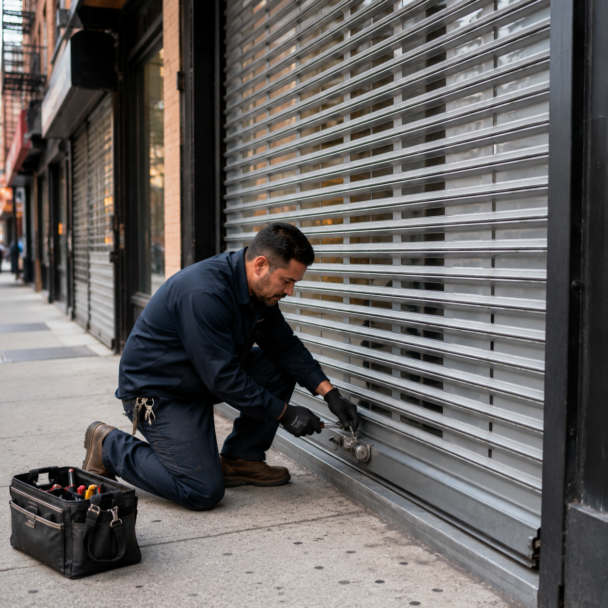 Metrol Local Locksmith technician working on a storefront rolling gate that is installed on a store in NYC