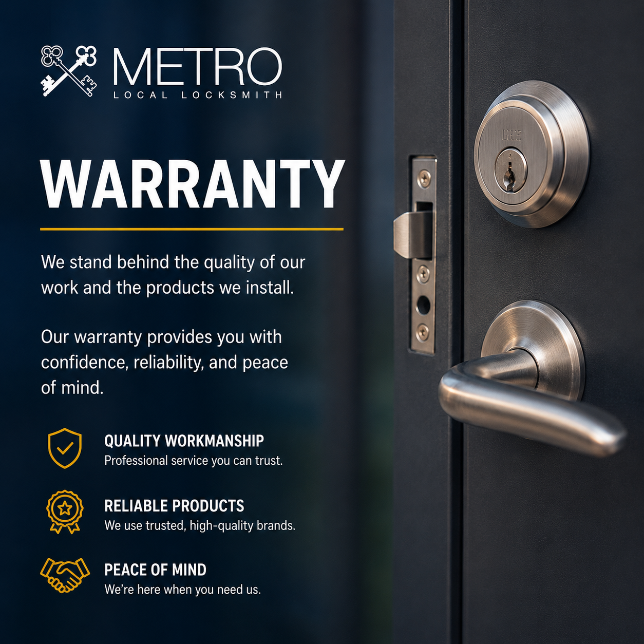 Warranty - Original Logo Image of door knob with lock with text next to it for the metro local locksmith warranty