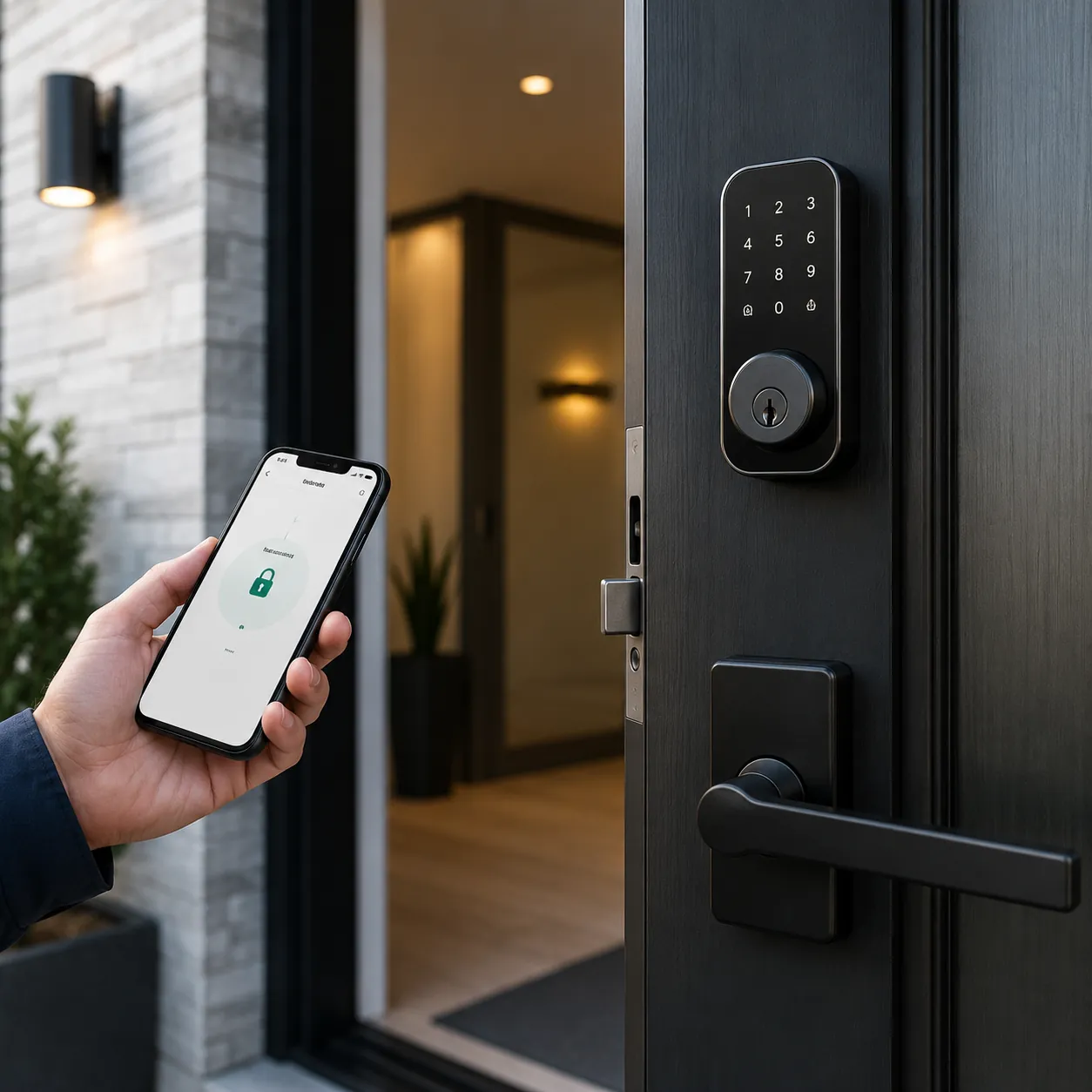 Smart Lock Outside NYC Apartment Building A person holds up a phone to a Smart Lock Outside NYC Apartment Building
