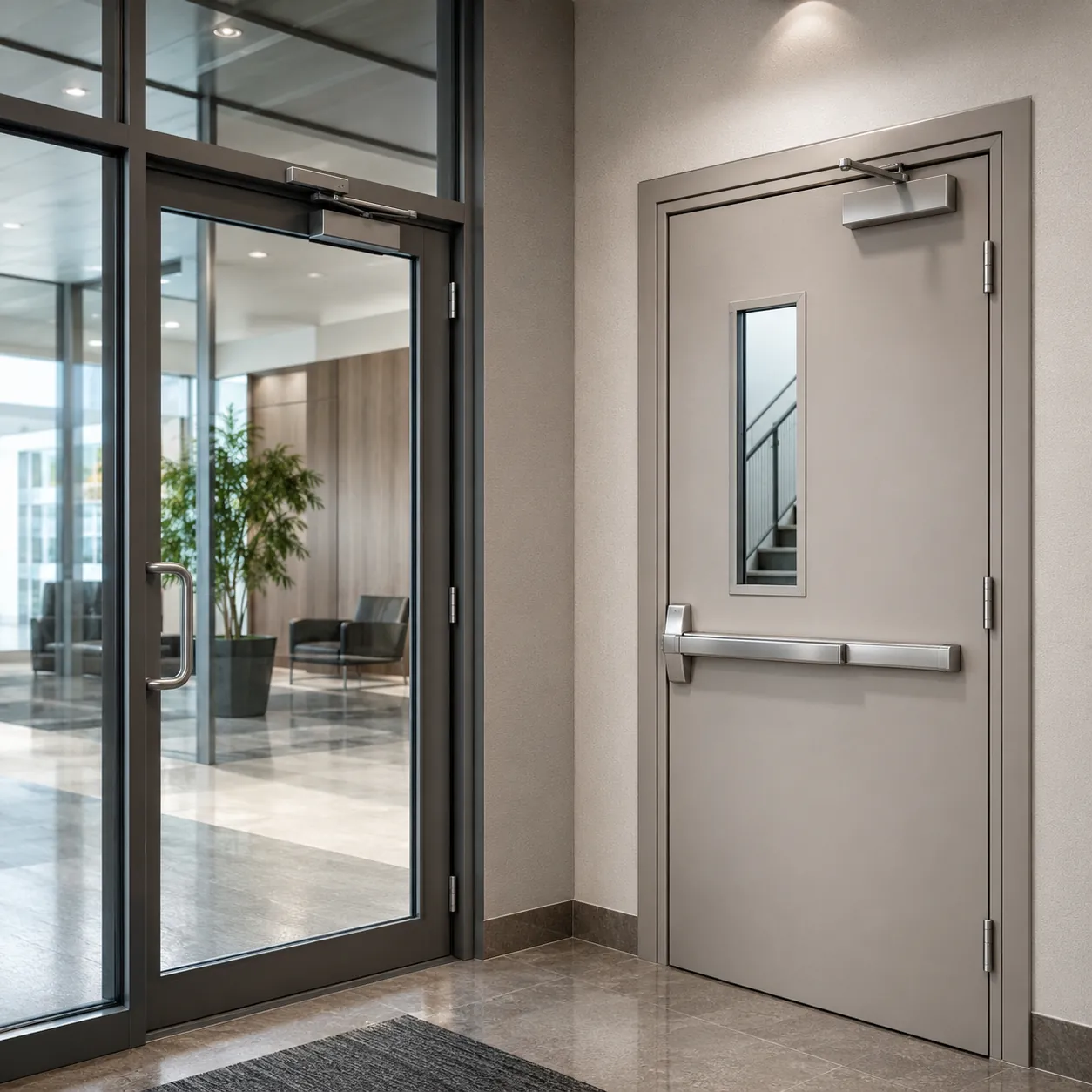 Image of Glass & Fire Proof Doors inside of a building that is located in New York City