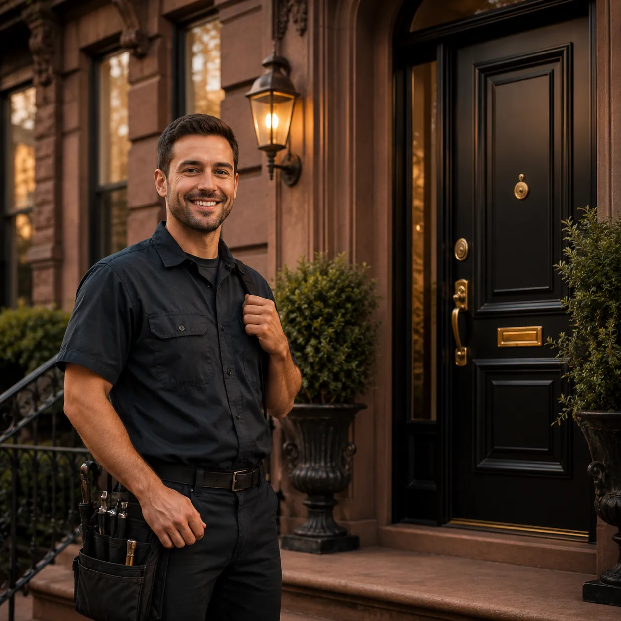 Smiling locksmith technician stands in front of a door of a residential building in NYC - metro local locksmith