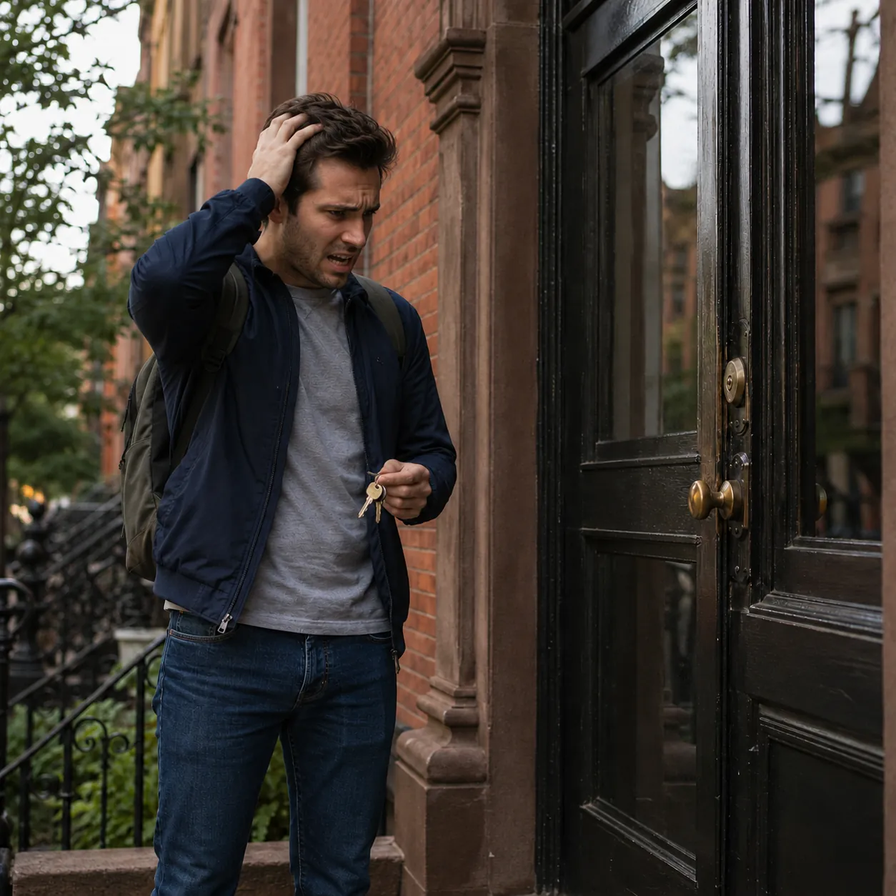 Emergy Locksmith 2 A man in need of a 24/7 emergency locksmith stands outside his apartment door in NYC. He looks down at his keys and holds his hand to his head with an upset expression on his face. He realizes he does not have the key to his apartment.