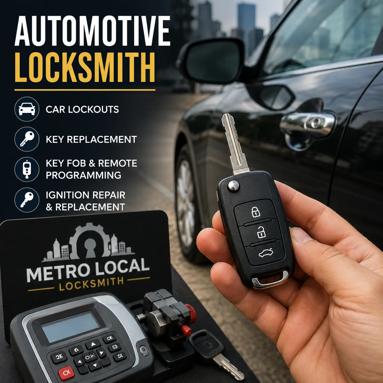 Picture of someone in NYC holding a car key fob next to their vehicle