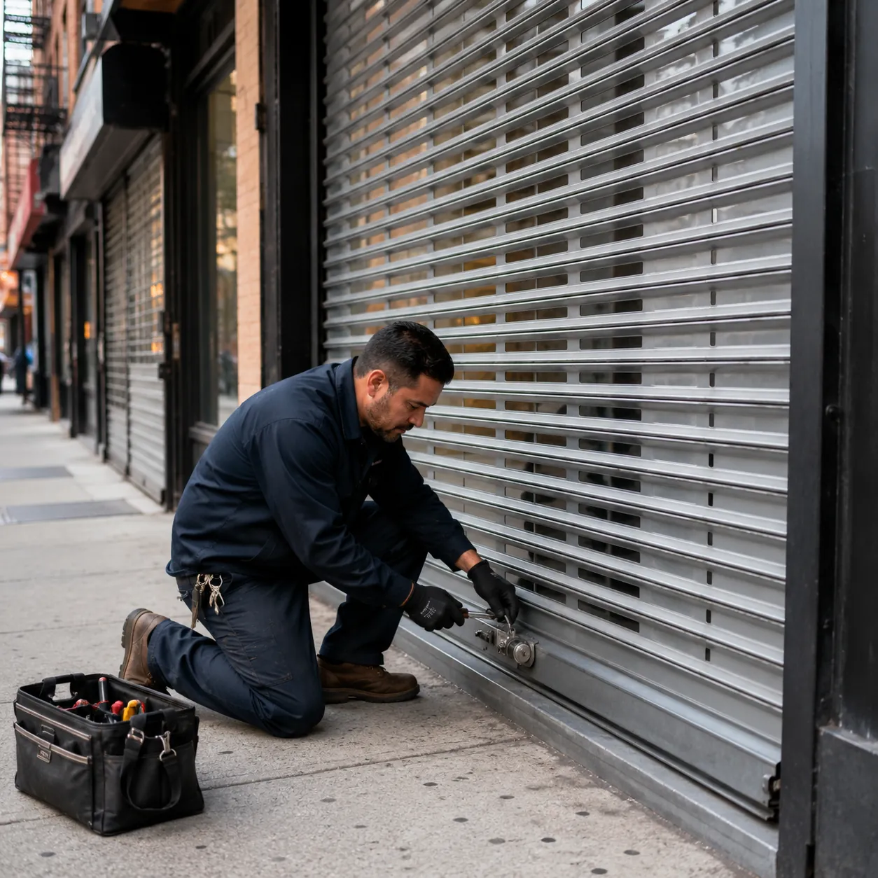 Storefront Rolling gate NYC 3 Metrol Local Locksmith technician working on a storefront rolling gate that is installed on a store in NYC