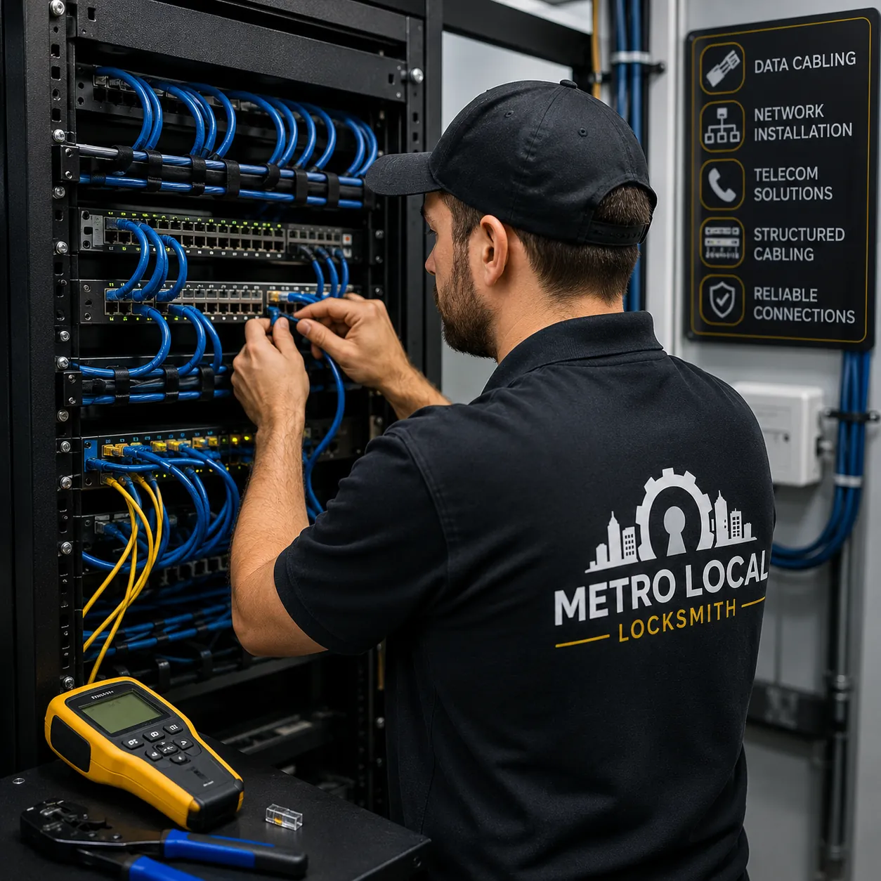 Telecom and Data Cabling Service technician installs telecom and data cabling at a business in NYC