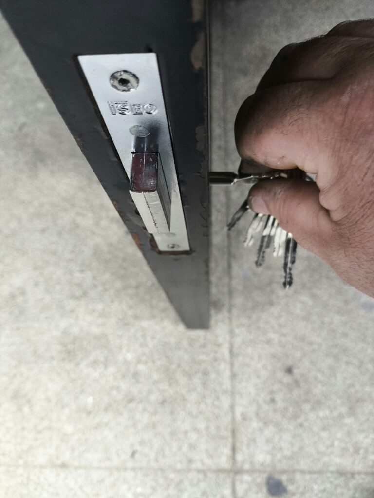 Bolt of a new narrow-style European mortise lockset on a slim door stile, installed by Metro Local Locksmith on the Upper East Side, Manhattan